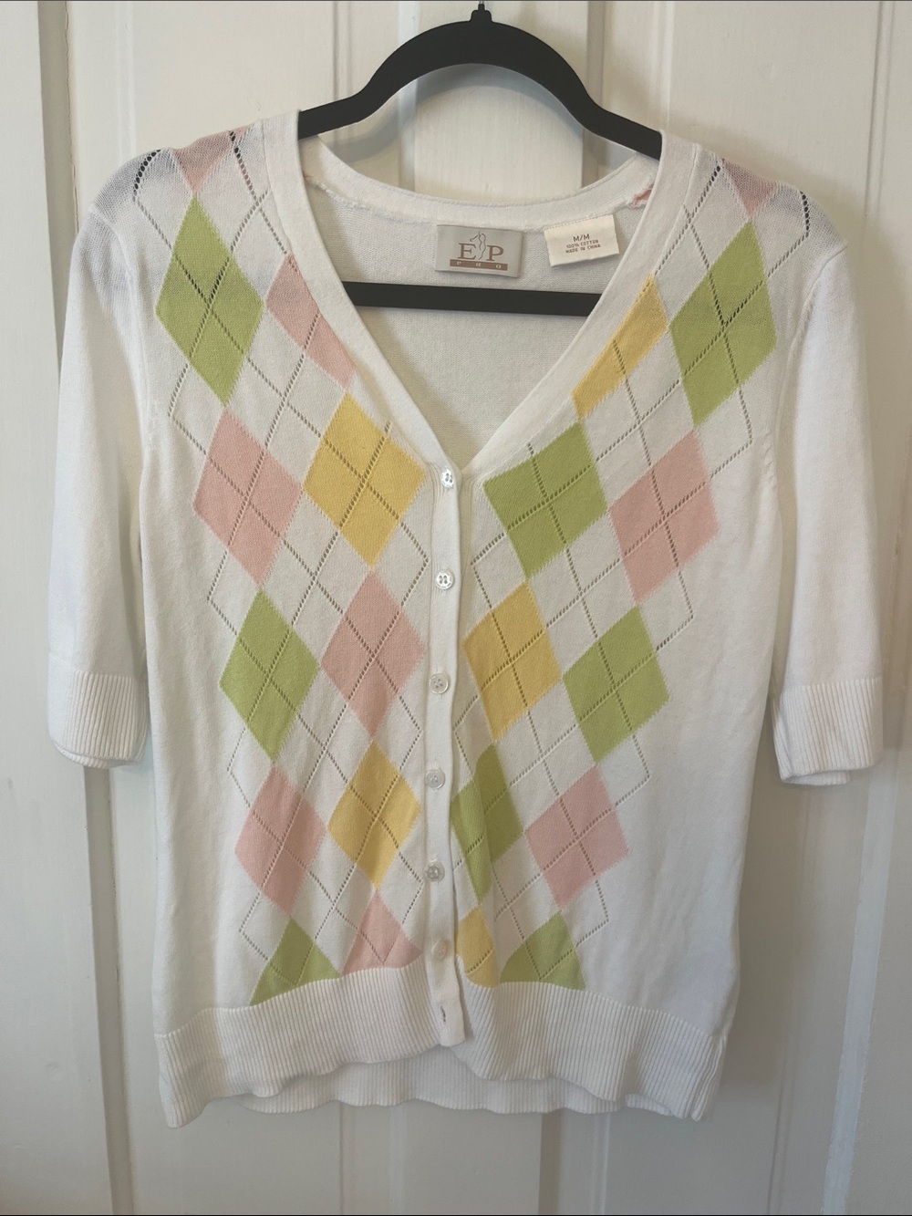 EP Pro White Argyle V-Neck Cardigan with Pastel Green Pink Yellow